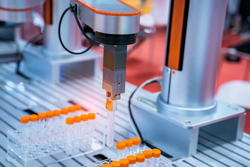 Robot-arm-with-test-tube-for-biological-experiments-in-laboratory