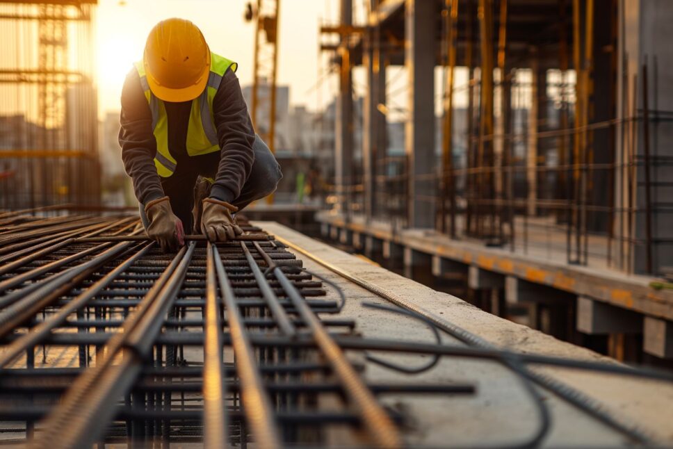 A-construction-worker-wearing-a-yellow-hard-hat-and-safety-vest-is-working-on-a-building-site